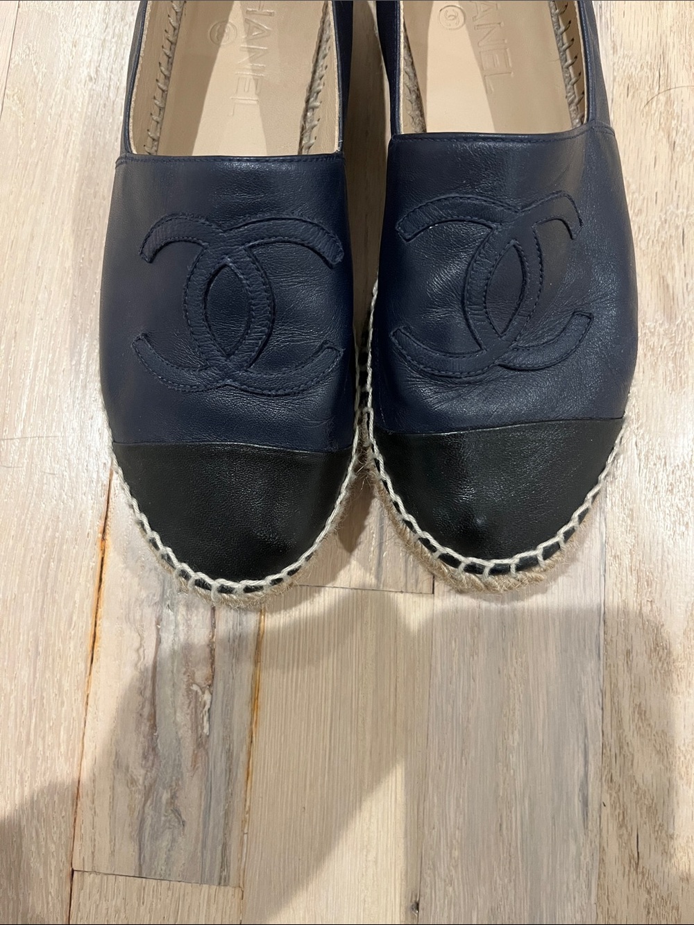CHANEL Black Leather Two-Tone Espadrilles with Black Cap Toe - Picture 2 of 15
